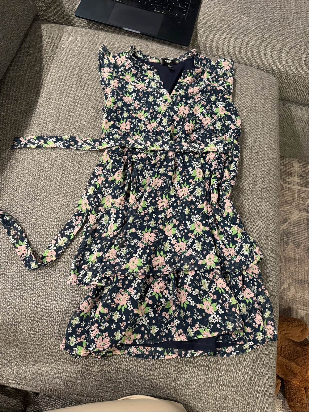 Aqua Navy Floral Wrap Dress with Pink & Green Blossoms